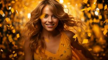 en skön kvinna i en gul klänning är leende i främre av gyllene konfetti generativ ai foto