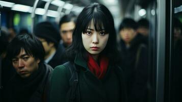 ett asiatisk kvinna i en grön täcka och röd scarf på en tunnelbana generativ ai foto