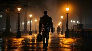 en man gående ner en våt gata på natt generativ ai foto