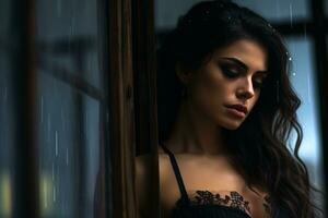 en skön kvinna i en svart underkläder stående i främre av en fönster generativ ai foto