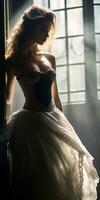 en kvinna i en bröllop klänning stående i främre av en fönster generativ ai foto