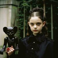 en ung flicka i en svart klänning innehav en leksak apa generativ ai foto