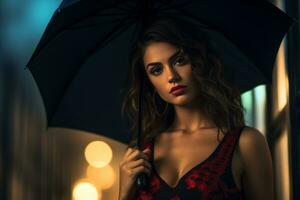 skön kvinna innehav ett paraply i de regn generativ ai foto