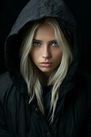en skön blond kvinna i en svart huvor jacka generativ ai foto