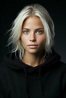 en skön blond kvinna i en svart luvtröja generativ ai foto