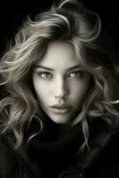 en skön blond kvinna i en svart jacka generativ ai foto