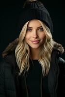 en skön blond kvinna i en vinter- hatt och jacka generativ ai foto