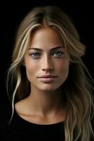 en skön blond kvinna med blå ögon generativ ai foto