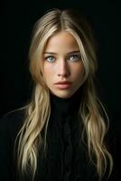 en skön blond kvinna med blå ögon generativ ai foto