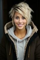en skön ung kvinna med kort blond hår bär en luvtröja generativ ai foto