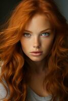 en kvinna med lång röd hår och blå ögon generativ ai foto
