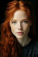 en kvinna med lång röd hår och fräknar generativ ai foto