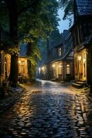 ett gammal kullersten gata på natt generativ ai foto