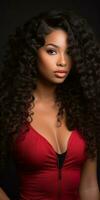 en skön svart kvinna med lång lockigt hår generativ ai foto