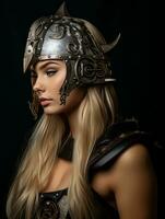 en skön blond kvinna bär en viking hjälm generativ ai foto