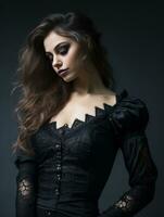 en skön kvinna i en svart gotik utrusta generativ ai foto