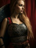 en skön kvinna med lång röd hår bär en viking kostym generativ ai foto