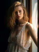 en skön ung kvinna i en vit klänning stående förbi en fönster generativ ai foto