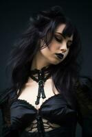en kvinna i en gotik utrusta med svart smink generativ ai foto