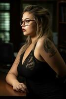 en kvinna med glasögon och tatueringar Sammanträde på en skrivbord generativ ai foto