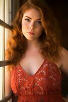 en kvinna med röd hår Framställ i främre av en fönster generativ ai foto