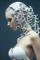 ett bild av en kvinna bär en robot huvud generativ ai foto
