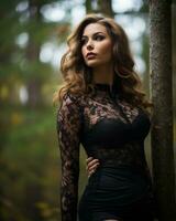 skön kvinna i svart spets klänning i de skog generativ ai foto
