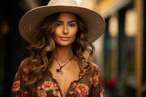 en skön kvinna i en hatt och blommig klänning generativ ai foto