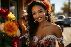 en skön ung kvinna i en mexikansk klänning innehav en bukett av blommor generativ ai foto