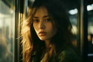 en skön ung kvinna är ser ut de fönster av en tåg generativ ai foto