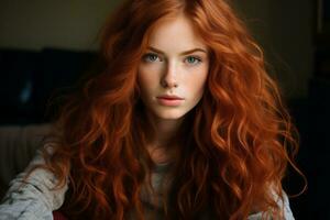 en skön ung kvinna med lång röd hår foto