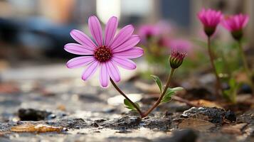 en stänga upp av en blomma växande ut av de jord generativ ai foto