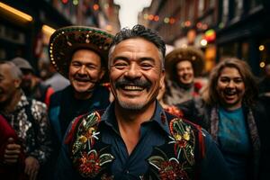 en grupp av människor med mexikansk hattar är leende för de kamera generativ ai foto