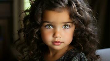 en liten flicka med stor grön ögon generativ ai foto