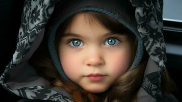 en liten flicka med blå ögon i en huvor jacka generativ ai foto