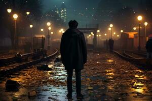 en man i en svart täcka står på en tåg Spår på natt generativ ai foto