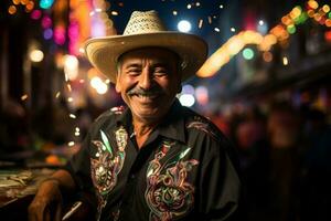 en man i en cowboy hatt ler för de kamera generativ ai foto