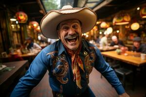 en man i en mexikansk utrusta är skrattande och Framställ för de kamera generativ ai foto