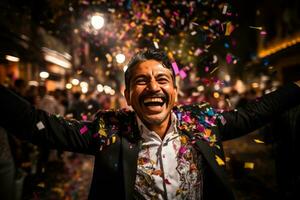 en man är fira i de gata med konfetti generativ ai foto