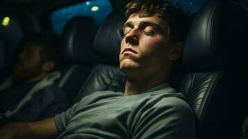 en man sovande i de tillbaka sittplats av en bil generativ ai foto