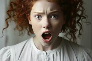en kvinna med röd hår och ett öppen mun generativ ai foto