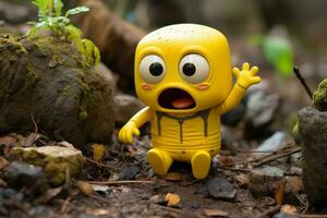 en gul leksak är Sammanträde på de jord Nästa till några stenar generativ ai foto