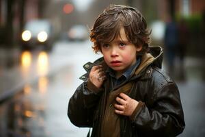 en ung pojke är stående på de gata i de regn generativ ai foto