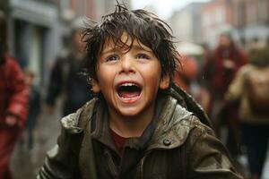 en ung pojke med hans mun öppen i de regn generativ ai foto