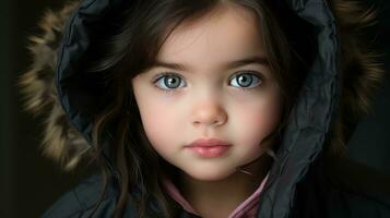 en ung flicka med blå ögon bär en jacka generativ ai foto