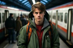 en ung man i en grön jacka stående i främre av en tåg generativ ai foto
