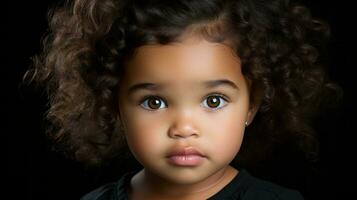 ett förtjusande liten flicka med lockigt hår på en svart bakgrund generativ ai foto