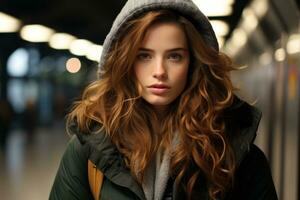 en ung kvinna med lång hår och en mössa är stående i en tunnelbana station generativ ai foto