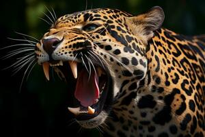 ett arg jaguar med dess mun öppen generativ ai foto