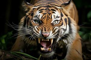 ett arg tiger med dess mun öppen generativ ai foto